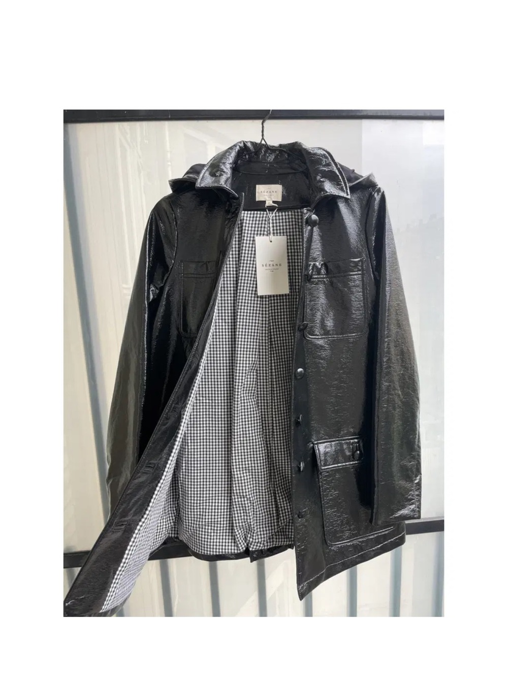Sezane Glossy Black Manteau Arthur Removable Hooded trench with Gingham Lining